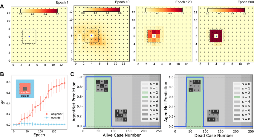 Resultados de AgentNet en un autómata celular tipo Juego de la Vida, mostrando la evolución de los pesos de atención y la precisión del modelo